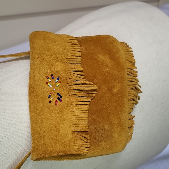 no brand Handbags - Suede Native Purse beads fringe  crossbody 5 x 6" 90s Cherokee NC good used cond